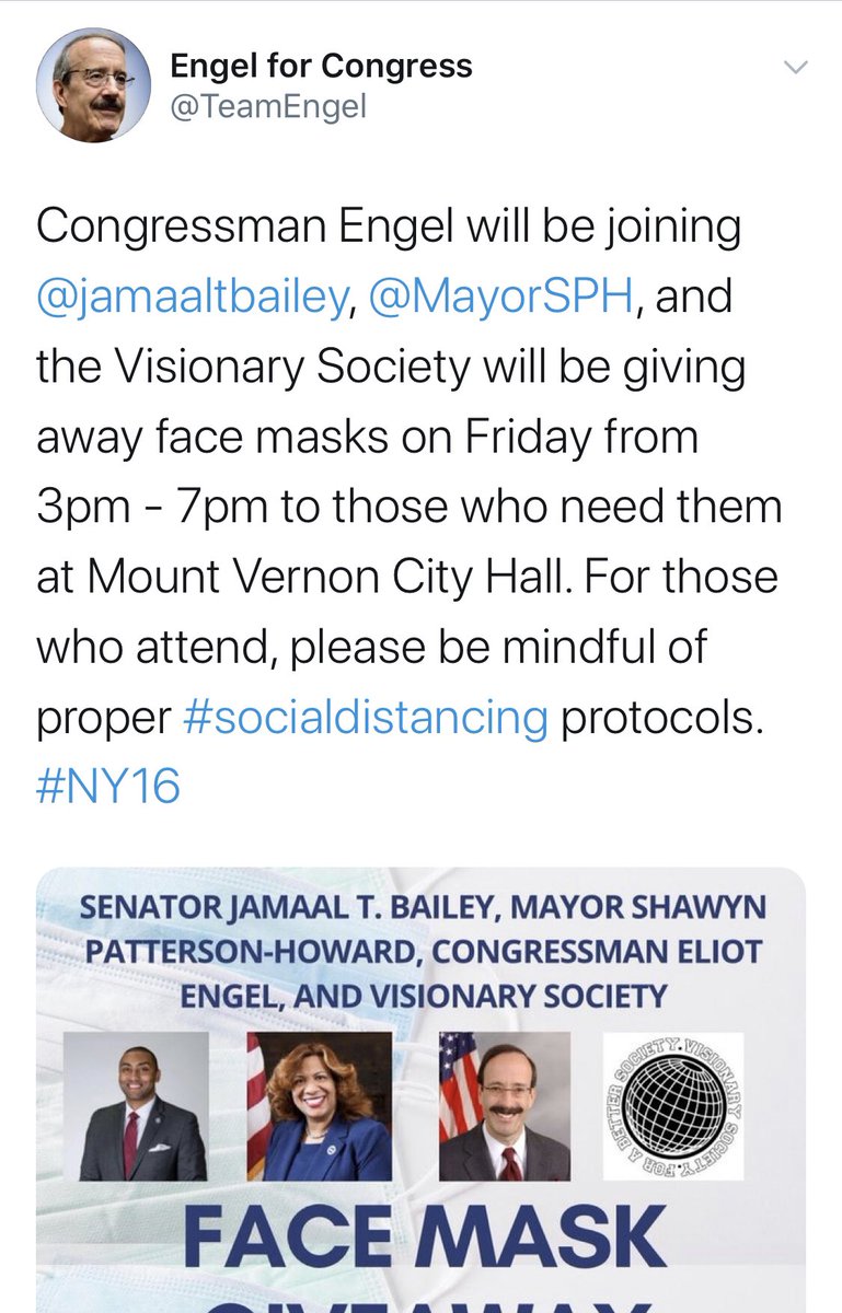 Here’s the tweet from Engel’s campaign that he’d be joining a face mask giveaway in his district. Engel was in Potomac, Maryland on the day it happened. His spokesman now says he was never scheduled to be there: