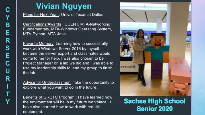 GR_CTC's tweet photo. Count those certifications coming from this Senior Spotlight in Cybersecurity! #GISDAlwaysConnected #careerREADY #GRCTCnext https://t.co/jC7xIMsHgc