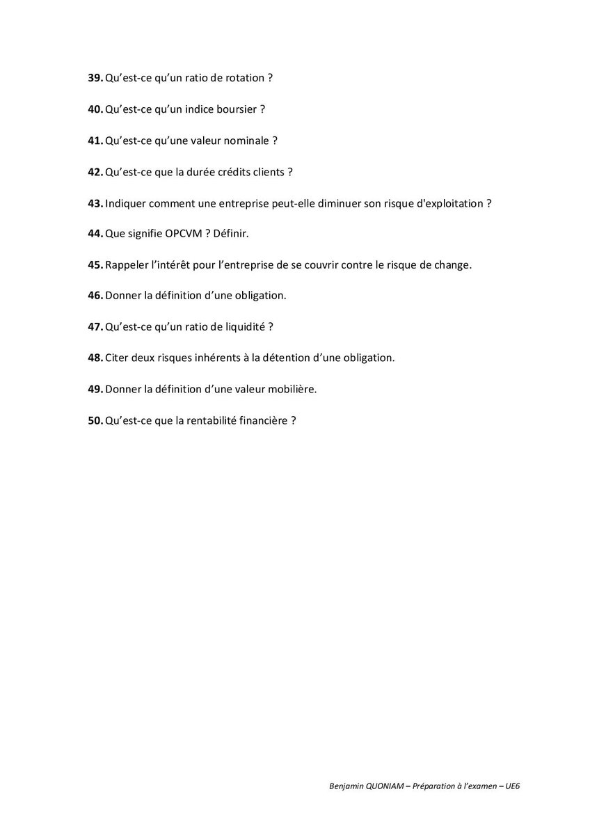 #DCG je vous propose ce jour un questionnaire sur l'UE6 - Finance d'entreprise, une UE très riche en concept. N'hésitez pas à poser vos questions en reply. Toute aide est la bienvenue.
#DCG2020 #Examens2020 <a href="/YannickLeNoan/">Yannick Le Noan 🇲🇿</a> @MisterComptable <a href="/Alexandre_Hini/">Alexandre Hini</a> <a href="/SanchisJerome/">Jérôme Sanchis</a>