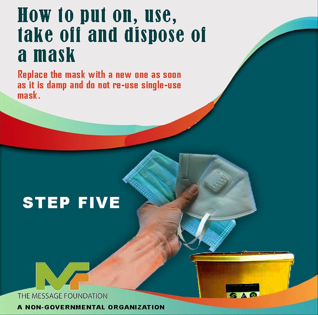 TheMessage_F's tweet photo. Safety Tips on how to use a face mask
Final Step:
Replace mask with a new one as soon as you noticed it is damp.
Do not reuse mask.
#themessagefoundation #limelightmedia #covid19pandemic #facemask #staysafeathome https://t.co/VCojleWOIy