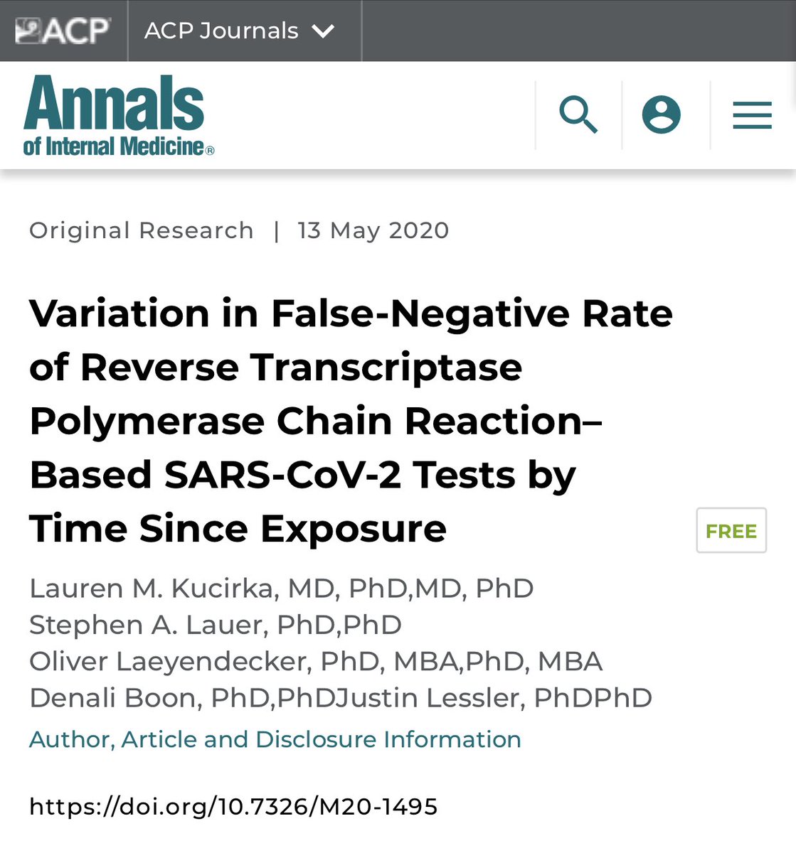 THREAD1/ This study is important. They looked into false negative rates of PCR for  #covid19 the days leading up to symptoms.Even up to the day before symptoms start, the probability of a false-negative result is 67% (CI is wide, 27% to 94%). https://www.acpjournals.org/doi/10.7326/M20-1495