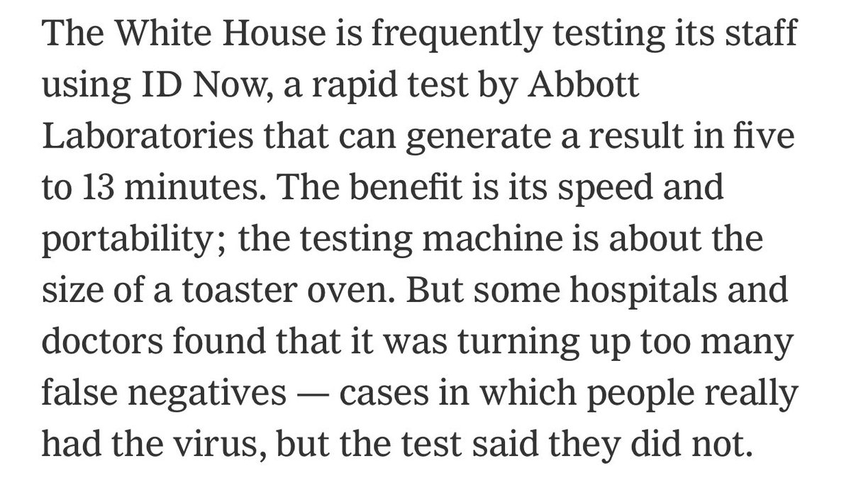 5/ The White House is trying to use the daily testing strategy to pick up possible cases. I think this reduces the chance that someone who is sick interacts w/ others, but certainly isn’t fool-proof. Strict quarantine is the only strategy that is.  https://www.nytimes.com/2020/05/10/us/politics/white-house-coronavirus-trump.html