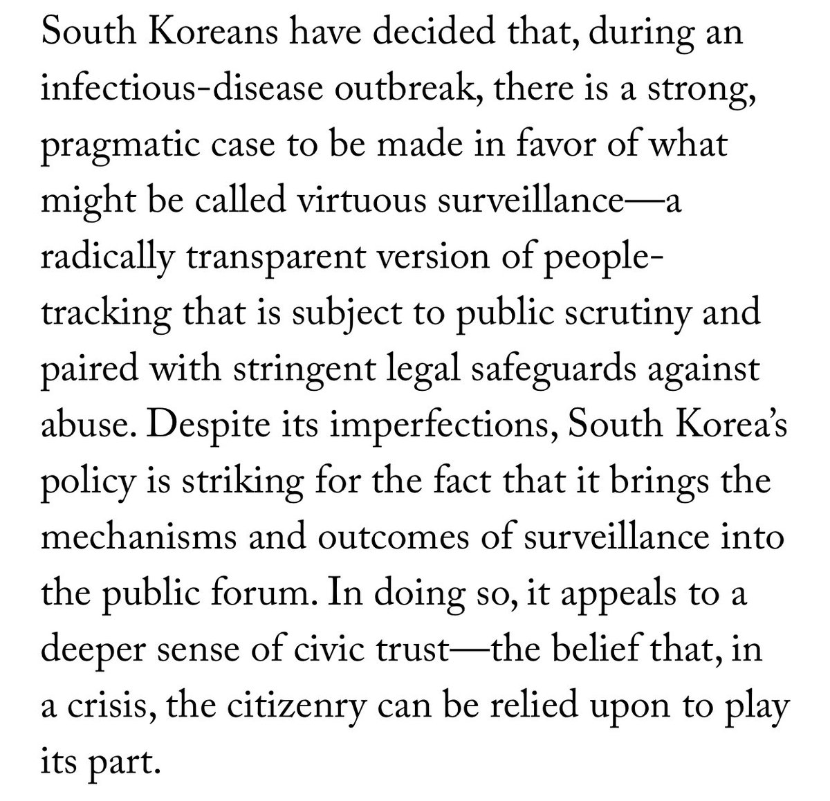 8/ I’ve tweeted about this before- the South Korean digital tracing program, albeit invasive of personal privacy, is one to watch. The screenshot paragraphs below really stuck out to me from this  @NewYorker article.  https://www.newyorker.com/news/news-desk/seouls-radical-experiment-in-digital-contact-tracing