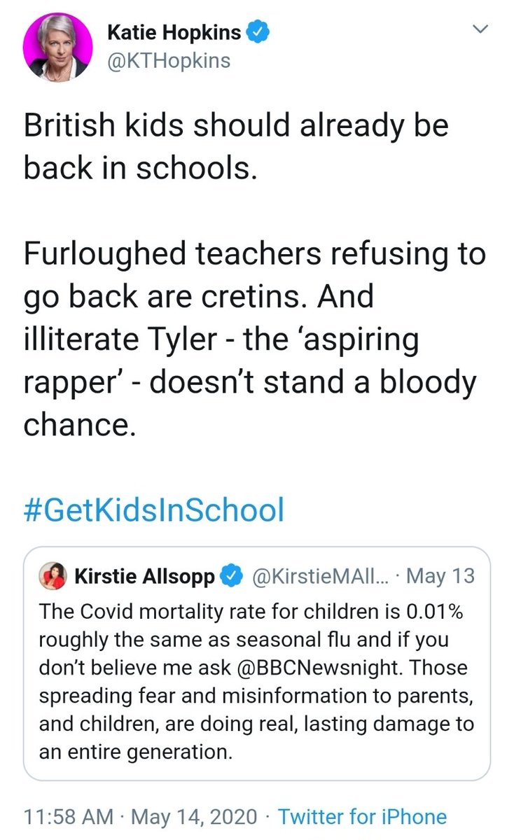 ALT_KTHopkins's tweet photo. I suspect Katie Hopkins has had it to the back teeth now of being forced to be a responsible parent so is lashing out at TYLEEEEEER'S parents accusing them of being alcoholics cos she's desperate to send her kids back to private school and f*** off to the US for another month x https://t.co/5zD4v31FhL