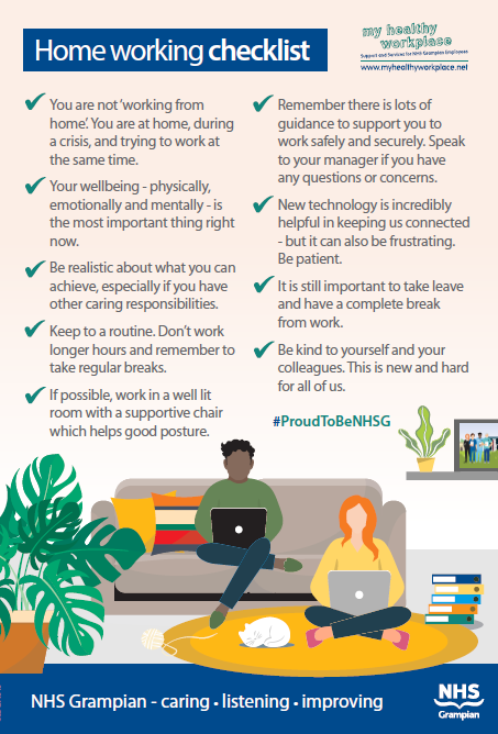 AbdnCHDS's tweet photo. Great home working checklist from @NHSGrampian -
we're not 'working from home' we're at home, during a crisis, and trying to
work at the same time! Be patient and be kind to ourselves and each other is a key message ✨ https://t.co/48eLvh3ALt