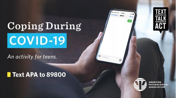 MsLangenfeldSC's tweet photo. For teens that could use a mental health boost right
now, the American Psychological Association made a cool text messaging activity you should check
out! From your phone, text APA to 89800. https://t.co/zYXrhDVerG #InThisTogether https://t.co/lhafg1MCcI