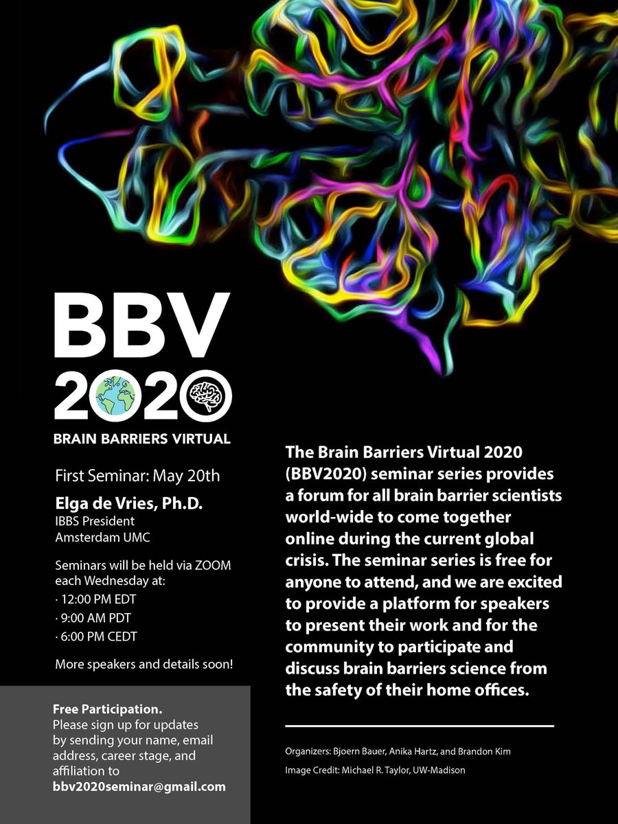 JulchenS90's tweet photo. Interested in a virtual Blood-Brain Barrier Seminar Series? Join is every Wednesday at noon EDT online. Sign up for free at bbv2020seminar@gmail.com
#bbv2020 #bloodbrainbarrier #HealthyAtHome #SmartAtHome #onlineseminar https://t.co/tNgaqcfaLP