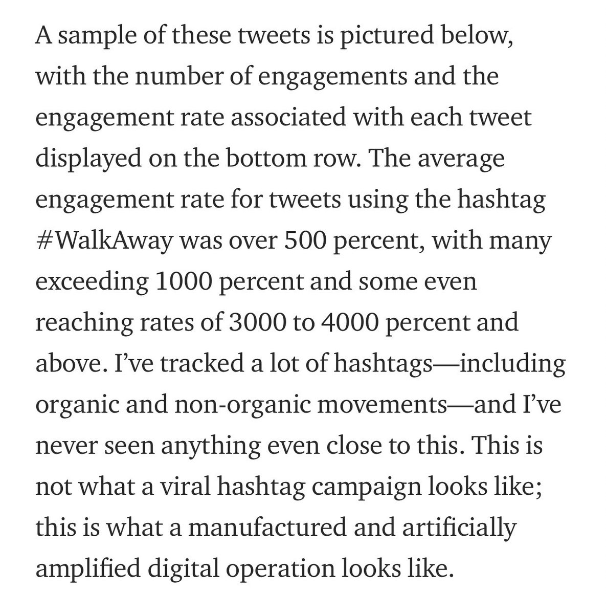 Engagement rates provide a somewhat standardized metric that looks at the total number of engagements with a tweet (e.g., likes/replies/retweets) relative to the total number of followers. This is often a good initial indicator of artificial amplification. https://arcdigital.media/pro-trump-russian-linked-twitter-accounts-are-posing-as-ex-democrats-in-new-astroturfed-movement-20359c1906d3