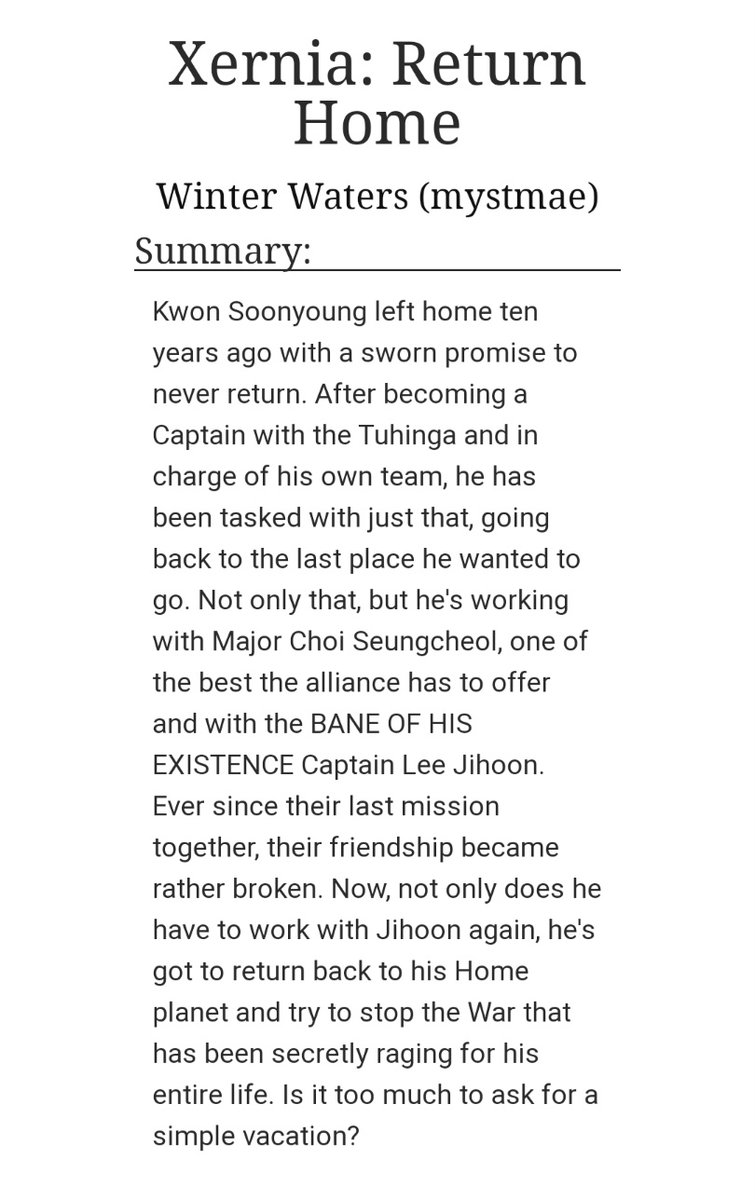 Xernia: Return Homeby  @unwrittenheroes (ao3: Winter Waters)-soonhoon + more -it's 133k but somehow i finished it in a day eye--soonyoung spill your secrets damnit-/many/ people so take notes-everyone say thank you seokmin-junnie the real mvp https://archiveofourown.org/works/16272464/chapters/38051720