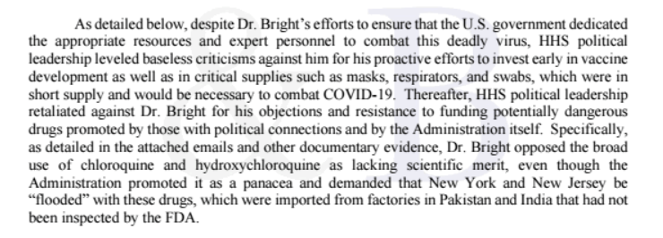 Bright says he resisted broadly calls to 'flood' NY & NJ w/ uninspected chloroquine & hydroxychloroquine from Pakistan and India even as "the administration promoted it as a panacea" You can read Dr. Bright's whistleblower complaint here: https://www.documentcloud.org/documents/6890059-Rick-Bright-Redacted-OSC-Complaint.html @CourthouseNews