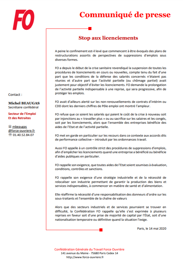 force_ouvriere's tweet photo. [#Communiqué FO] Stop aux #licenciements!
"A peine le #confinement est-il levé que commencent à être évoqués des plans de restructuration assortis de perspectives de suppressions d'#emplois sous diverses formes". https://t.co/cKB7Kz91Hx