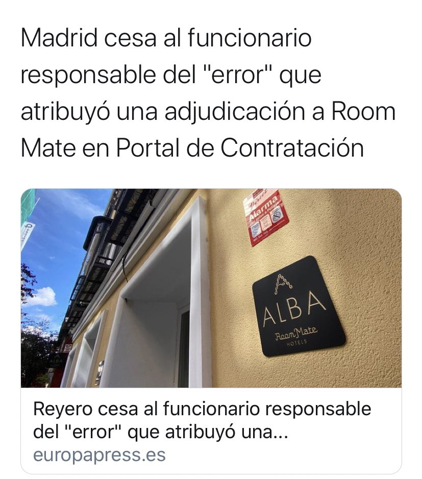 EsppeonzAguirre's tweet photo. El Madrid de Ayuso arregla el caso #RoomMateGate cesando al funcionario responsable del "error" que atribuyó una adjudicación a Room Mate en Portal de Contratación https://t.co/nHKR16QwTU