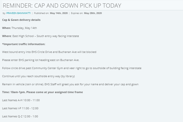 Dsmeast's tweet photo. Reminder that CAP &amp; GOWN pickup is today! Please read the attached message for more details. 
#Graduation2020 @dsm_east @EastAmbassadors @EHS_Theatre @EastScroll @EastScroll https://t.co/zrNeddMeDI