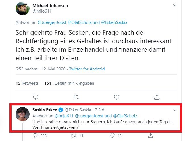 Von mir geprüft:Heute um 14:48 war es noch online (aber wird wohl gleich gelöscht) @EskenSaskia, Chefökonomin #SPD 🤣 Mit ihren Diäten finanziert sie die Republik. Weil sie ja damit einkaufen geht. #MitDiätenerhöhungWachstumschaffen #ichbrechzusammen #irre twitter.com/EskenSaskia/st…