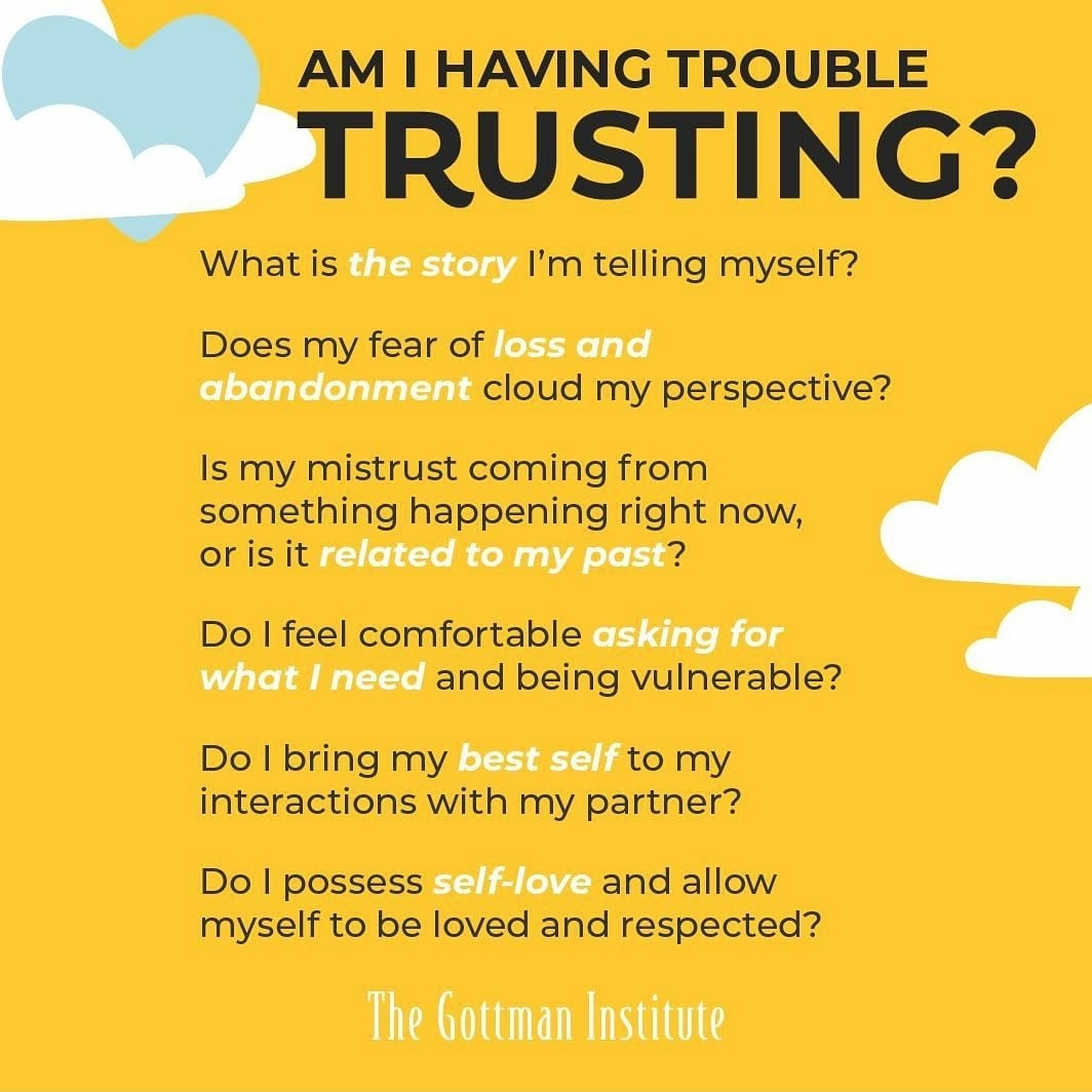 Phnx_counseling's tweet photo. Trust can be a major hurtle in a relationship. However, the more you know about yourself and your feelings the better you can navigate trust.
(Credit: The Gottman Institute)
#TrustIssues #LearnAboutYourself #WeAreHere #YouAreNotAlone #Telehealth #ThePhoenixCounselingCenter https://t.co/c4uTz87hyX
