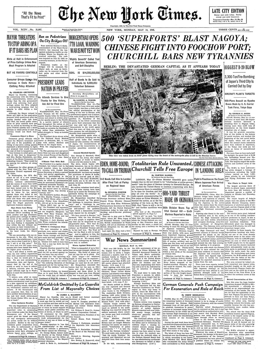 May 14, 1945: 500 'Superforts' Blast Nagoya; Chinese Fight Into Foochow Port; Churchill Bars New Tyrannies  https://nyti.ms/3dJkHuh 