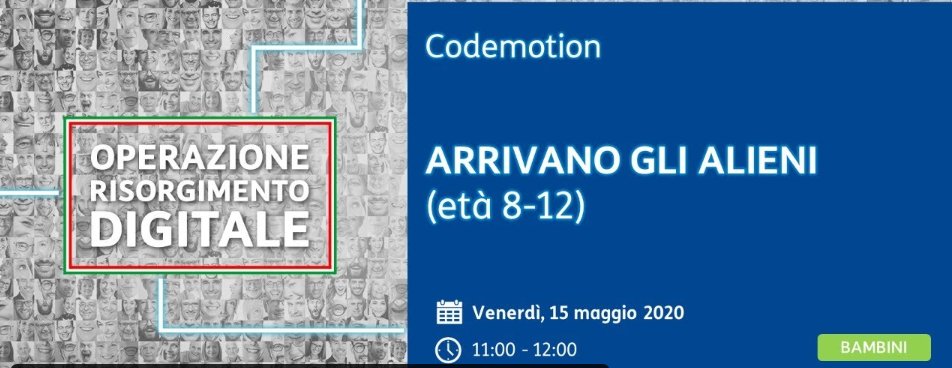 CodemotionKids's tweet photo. Quarto appuntamento con @OperazioneNerd :) Una nuova esplorazione ci attende con #Scratch proprio domani, 15 maggio! Incontreremo gli alieni.... 🛸 Seguiteci alle ore 11:00 qui ➡️ https://t.co/YmxpM74aih
 #RisorgimentoDigitale #codemotion #scratch https://t.co/JVXB55fNeT