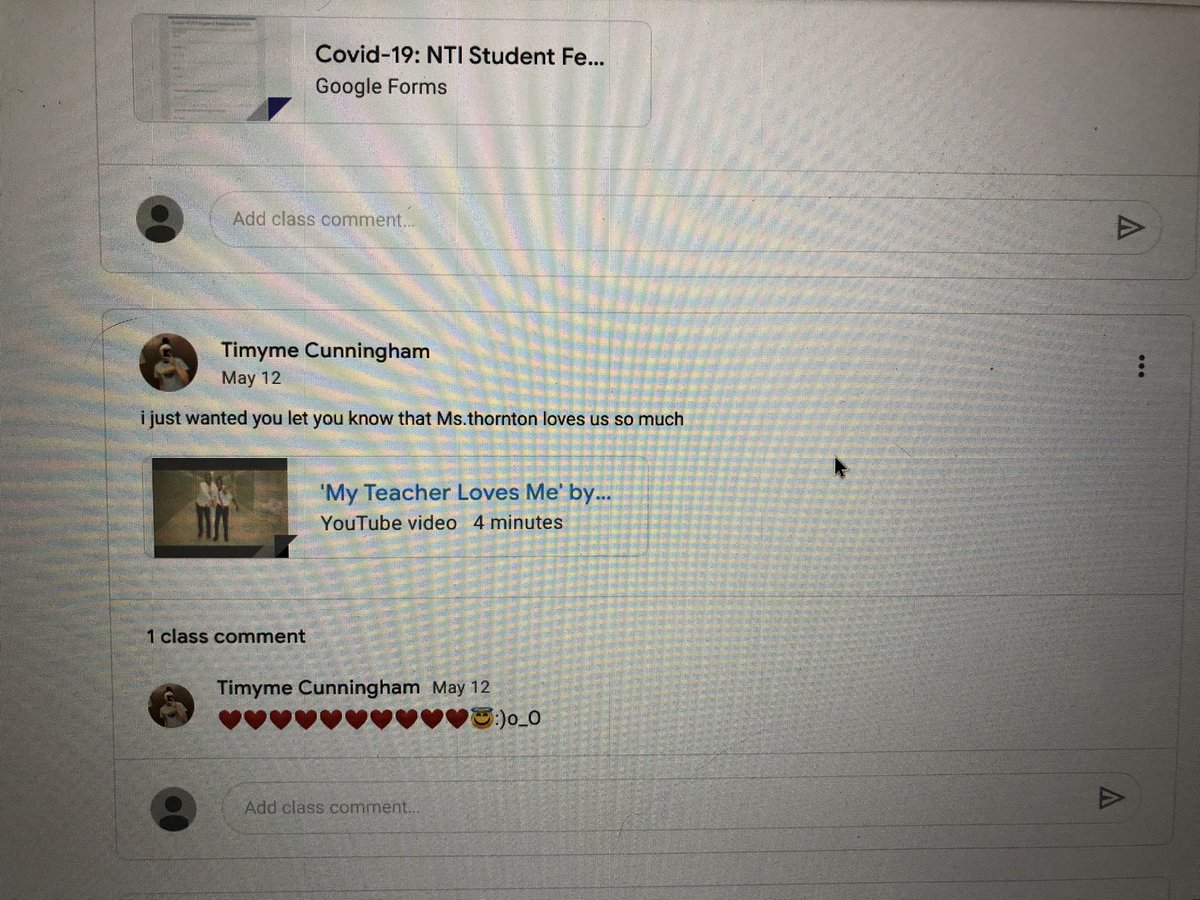 SaraThornton123's tweet photo. My WHY... When your student posts in google classroom to her fellow classmates “I just wanted to let you know that Ms. Thornton loves us so much” with @TeachMrReed video attached. #relationshipsmatter @WoodfordCoPS @simmonsbulldogs https://t.co/tx69vcgehB