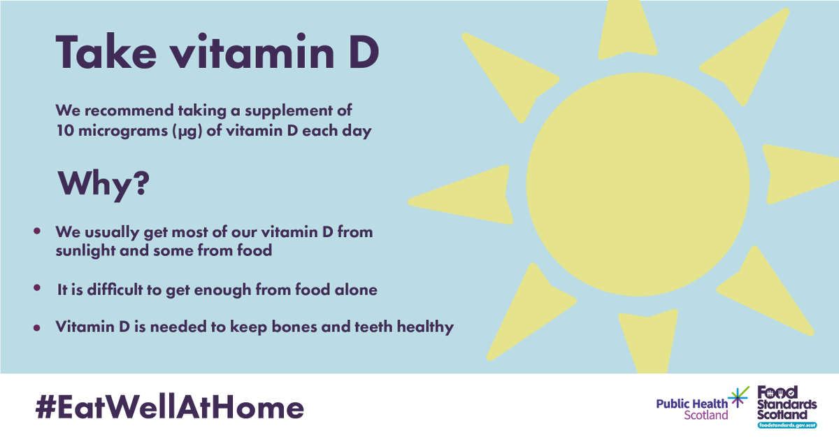 FSScot's tweet photo. If you or your loved ones are spending more time indoors, you may not be getting enough vitamin D from sunshine exposure 🌞. We recommend taking a daily vitamin D supplement. More info: https://t.co/UFIOuNPzbS Pass it on! 💊 #EatWellAtHome https://t.co/S1zLaN2o0g