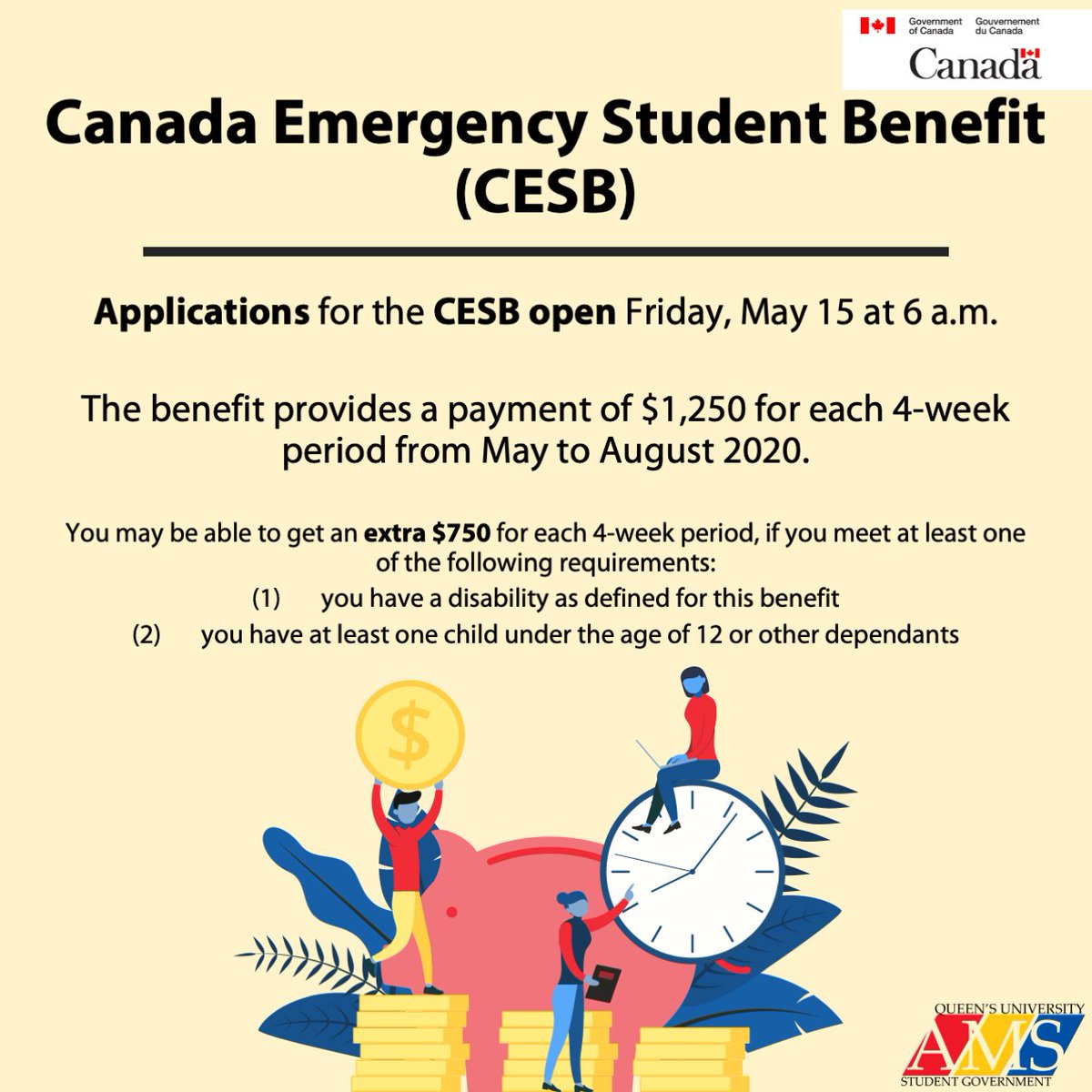 Queens_AMS's tweet photo. Canadian Emergency Student Benefit applications open Friday, May 15 at 6 a.m.
For more information visit:
https://t.co/61nLBe2zVP
#CESB #QueensStudents #Queensuniversity #staysafe #stayhome https://t.co/x4GEgA73W8