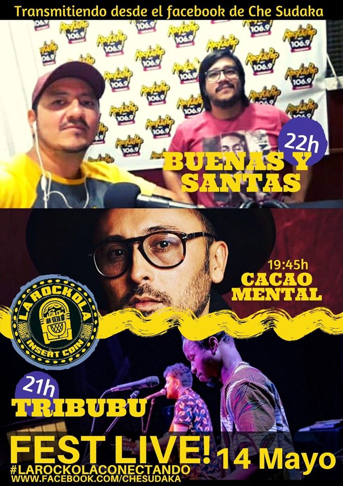 #BuenJueves Esta tarde Buenaysantas sonando en vivo via facebook de Che Sudaka México🇲🇽Colombia🇨🇴 Perú🇵🇪15hs
Chile🇨🇱16hs
Argentina🇦🇷Brasil🇧🇷Uruguay🇺🇾17 hs