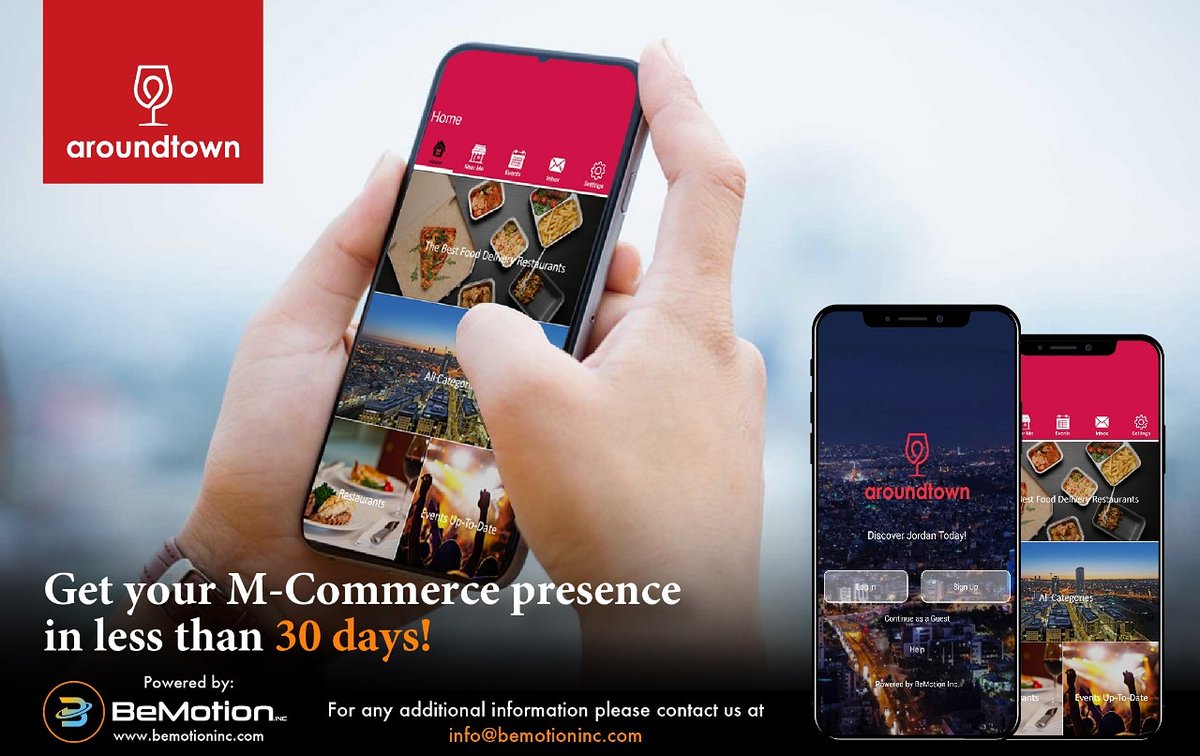 BemotionI's tweet photo. Get your M-Commerce presence in less than 30 days 
#Aroundtown application powered by BeMotionInc

Request a demo for your business at:
https://t.co/948Hvz6SiC

#aroundtown #bemotioninc #m_commerce #technology #application #new #amman #dubai #toronto https://t.co/GqodMXCfBx