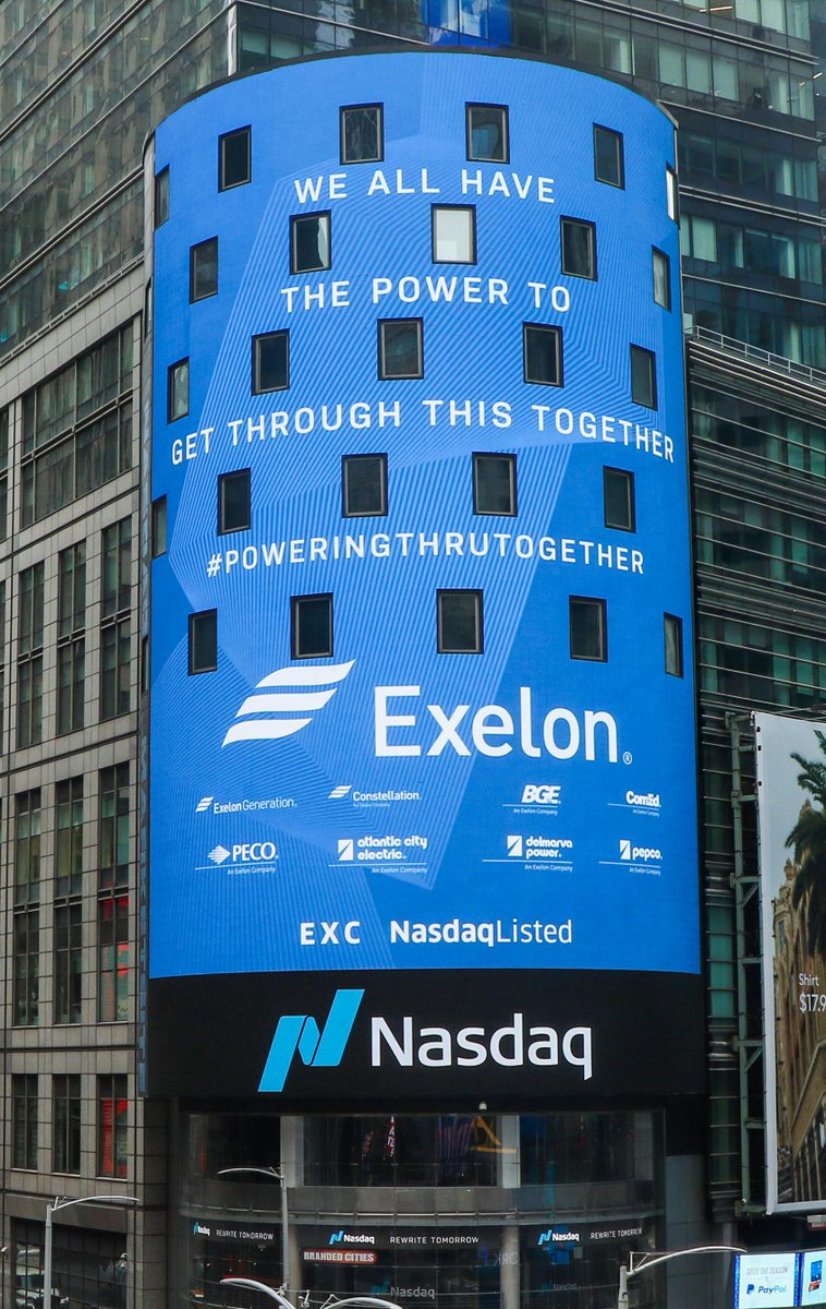 Exelon's tweet photo. #Covid19 has changed everything. But it hasn’t changed our commitment to safely powering our customers &amp; communities.

Recently, in conjunction w/ @Nasdaq, @Exelon provided an uplifting message in Times Square in regard to the pandemic. 

#PoweringThruTogether #ExelonCommunity https://t.co/EKLa57v0N2
