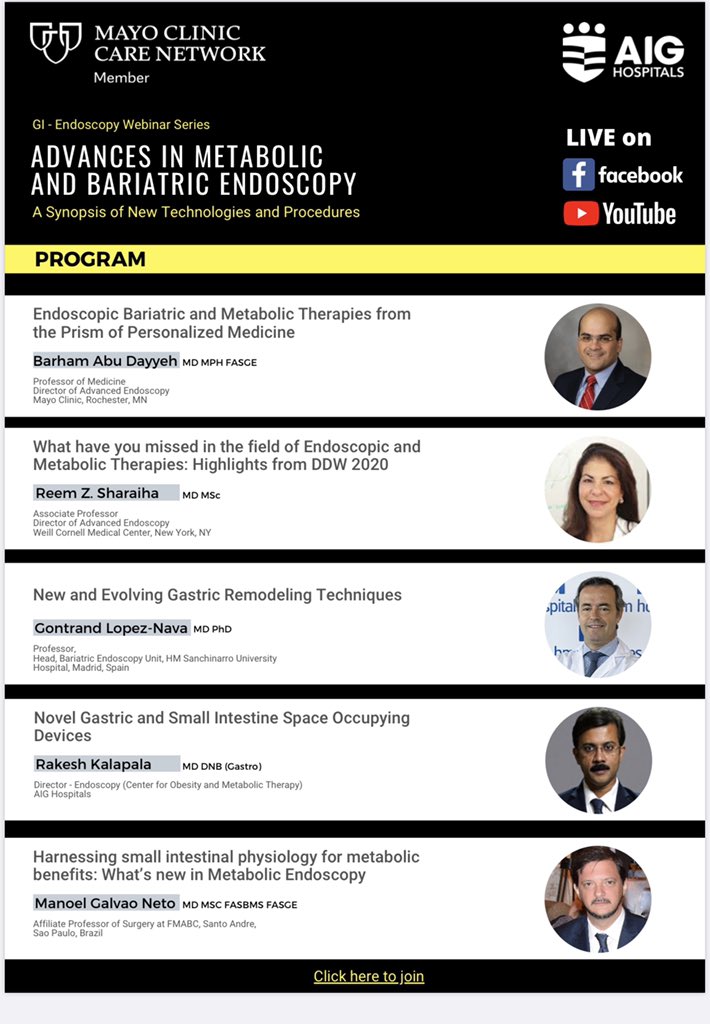 DrLopezNava's tweet photo. Join us and follow our presentations on May 23rd at Bariatric Endoscopy Webinar organized by Mayo clinic-AIG Hospitals broadcasted all over the world. A synopsis of new technologies and procedures !! #bariatricendoscopy #endoscopiabariatrica #endoscopy @HMHOSPITALES https://t.co/lWfH1aaZXl