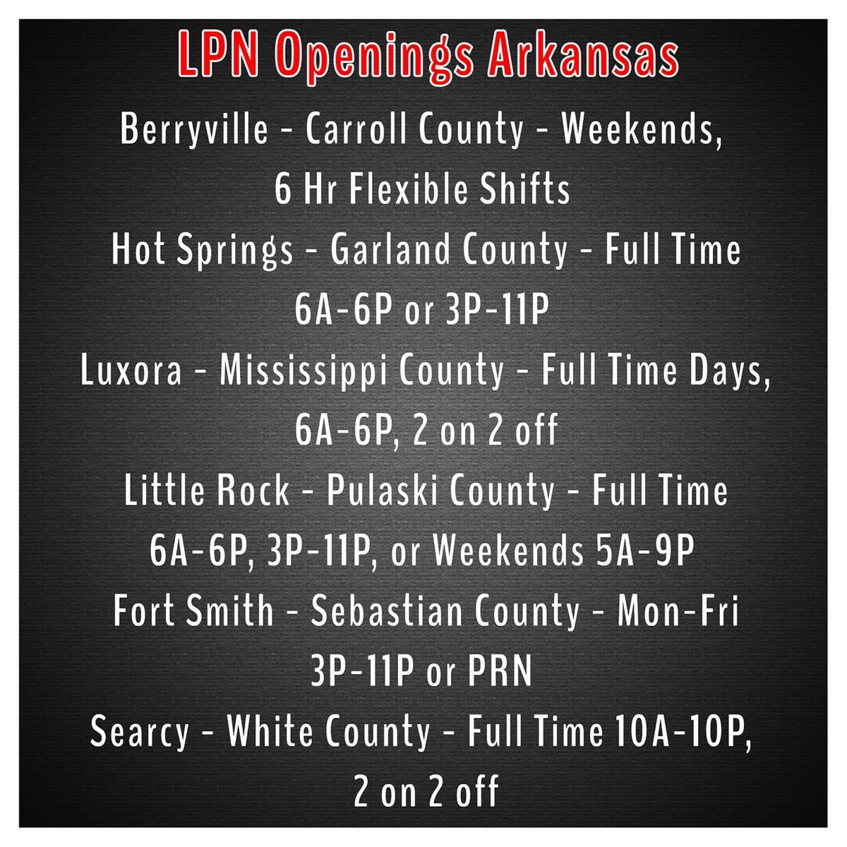 Turn_Key_Health's tweet photo. These are our current LPN openings in Arkansas • We oversee healthcare for inmates in facilities, in a safe and secure environment • Must have a valid, unrestricted nursing license and be able to pass a background check •  Visit our website to apply https://t.co/fAt3og77L2 https://t.co/uNAV0pkb7T