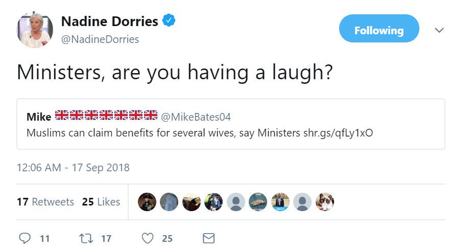 She shared this misleading tweet from a supporter of the far-right anti-Islam party For Britain(before deleting without apology). https://www.independent.co.uk/news/uk/politics/nadine-dorries-islamophobia-muslims-benefits-multiple-wives-muslim-council-britain-mcb-a8541176.html?__twitter_impression=true