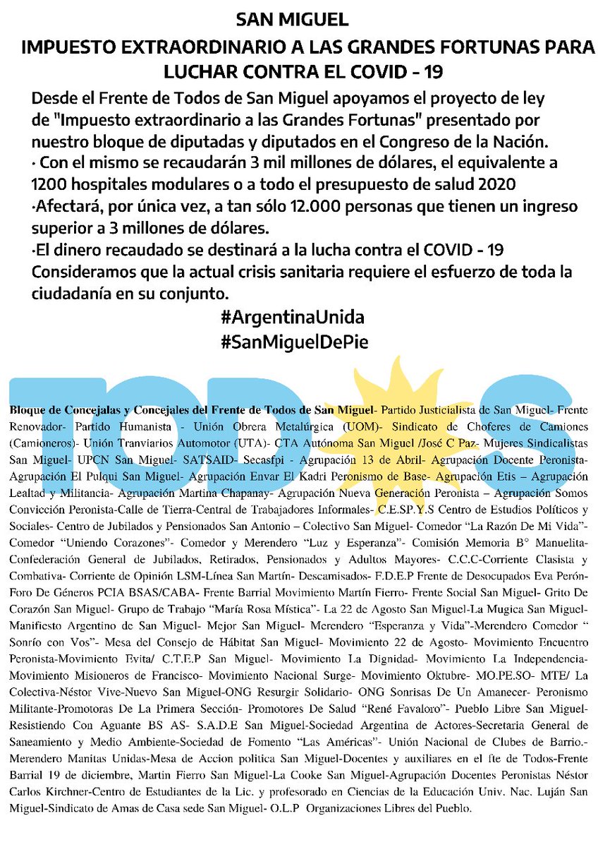 UnionlapatriaSM's tweet image. IMPUESTO EXTRAORDINARIO A LAS GRANDES FORTUNAS.
#SanMiguelDePie 
#ArgentinaUnida 🇦🇷