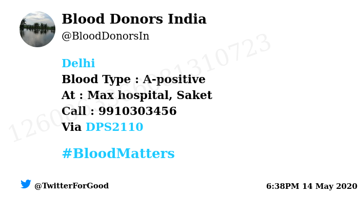 #SOS
#Delhi
Need #Blood Type :  A-positive
At : Max hospital, Saket
Blood Component : Need Plasma from #COVID19 recovered patient.
Number of Units : 3
Primary Number : 9910303456
Secondary Number : 9818686890
Via: <a href="/DPS2110/">Dilpreet Singh</a>
#BloodMatters
Powered by Twitter