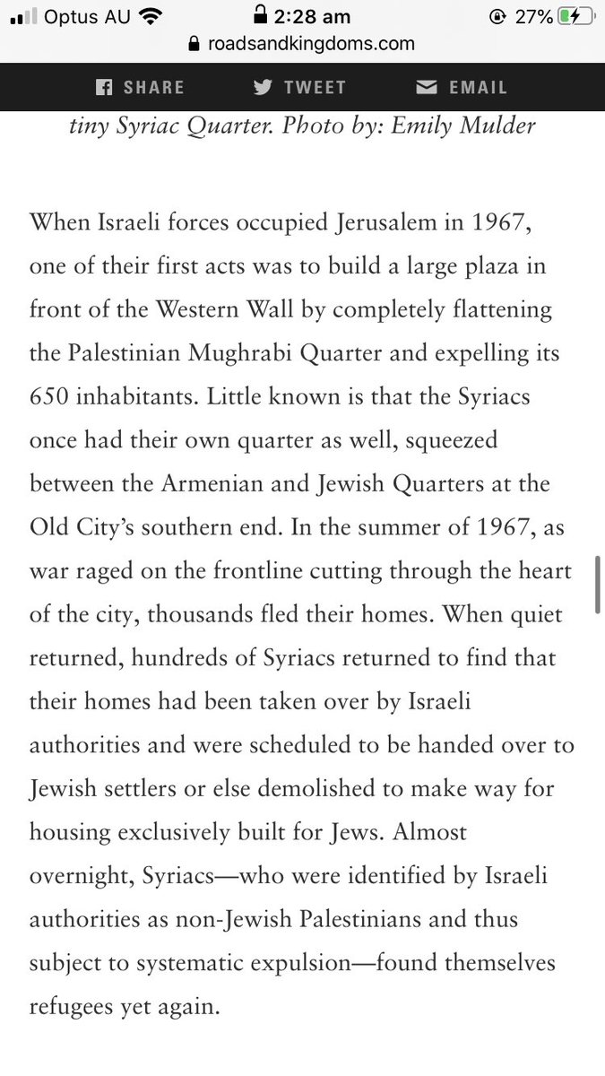 It saw Israel complete its take over of Palestine. Zionist occupation of Jerusalem, forced the Assyrians to leave their hub in the Syriac quarter. Those who returned came to their houses taken over and demolished by Israeli settlers, shops confiscated  https://roadsandkingdoms.com/2015/learning-the-language-of-jesus-christ/