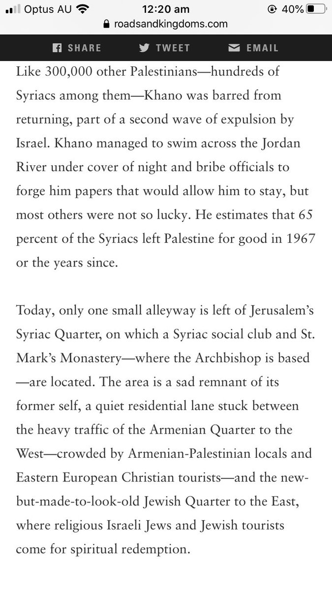 It saw Israel complete its take over of Palestine. Zionist occupation of Jerusalem, forced the Assyrians to leave their hub in the Syriac quarter. Those who returned came to their houses taken over and demolished by Israeli settlers, shops confiscated  https://roadsandkingdoms.com/2015/learning-the-language-of-jesus-christ/