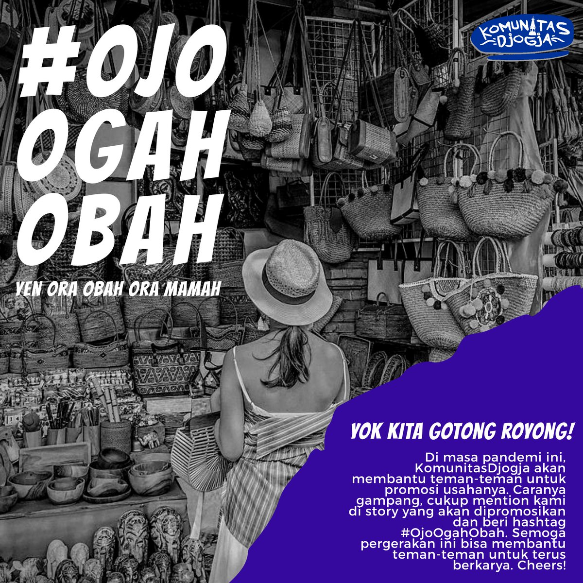 Halo teman-teman di masa pandemi ini kita akan membantu teman-teman untuk mempromosikan usaha teman-teman semua, baik di twitter atau instagram. Cukup dengan mention kita dan gunakan hashtag #OjoOgahObah 
Semoga dapat membantu ya.

Cheers!