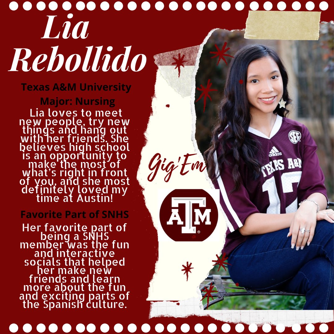 Next Up we have , la reina suprema , Lia Rebollido!! We will miss your smile and positive attitude. ATM is jumping for joy #Gigem