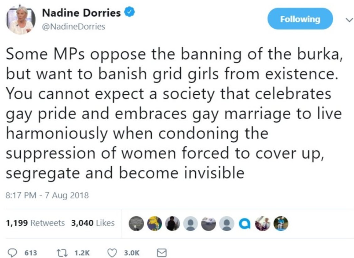 Dorries is an MP who voted against same-sex marriage and was vociferous in her views (as recently as October 2017), yet she tried to weaponise gay rights as a means of attacking Muslims  https://www.pinknews.co.uk/2018/08/08/nadine-dorries-burka-ban/