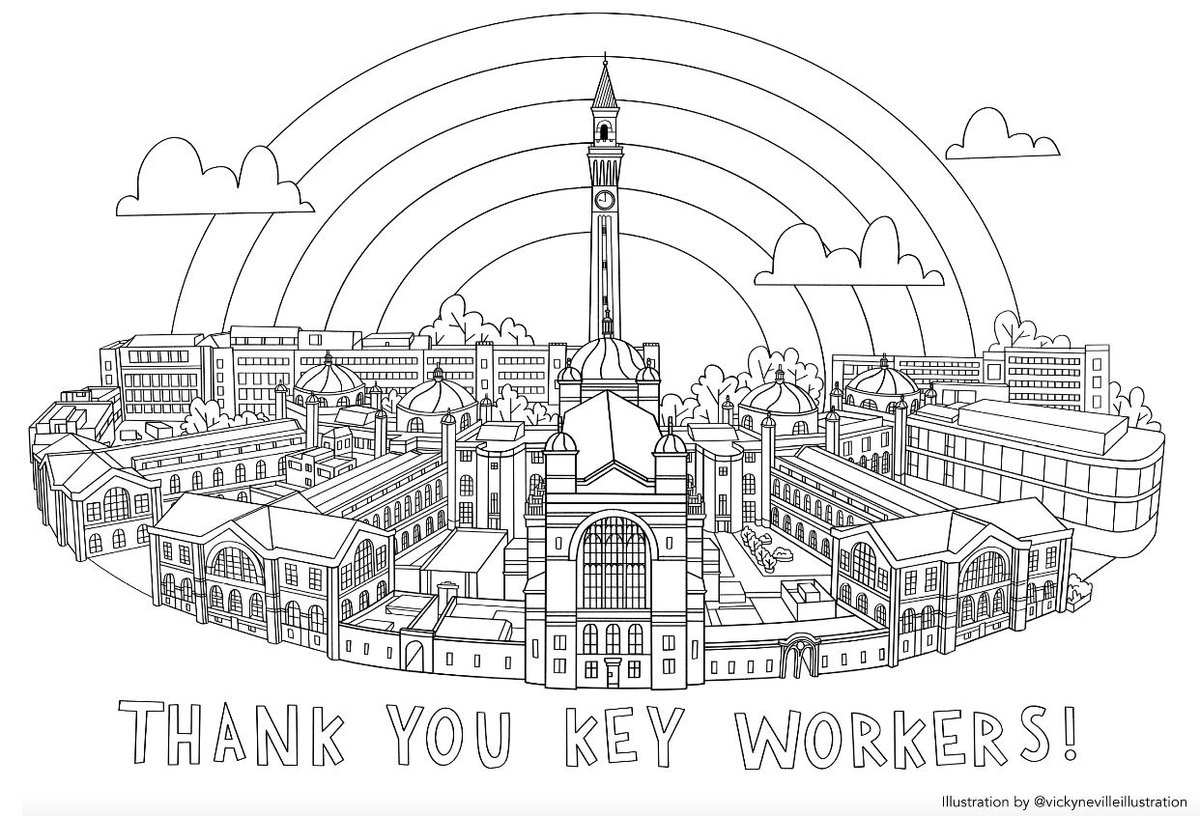 birminghamalum's tweet image. Show your support for key workers by displaying this fantastic new colouring sheet from Vicky Neville Illustrations, featuring a rainbow over our beautiful campus. And join team @birminghamalum tonight for another 8pm #clapforcarers #clapforourkeyworkers birmingham.ac.uk/alumni/news/Re…