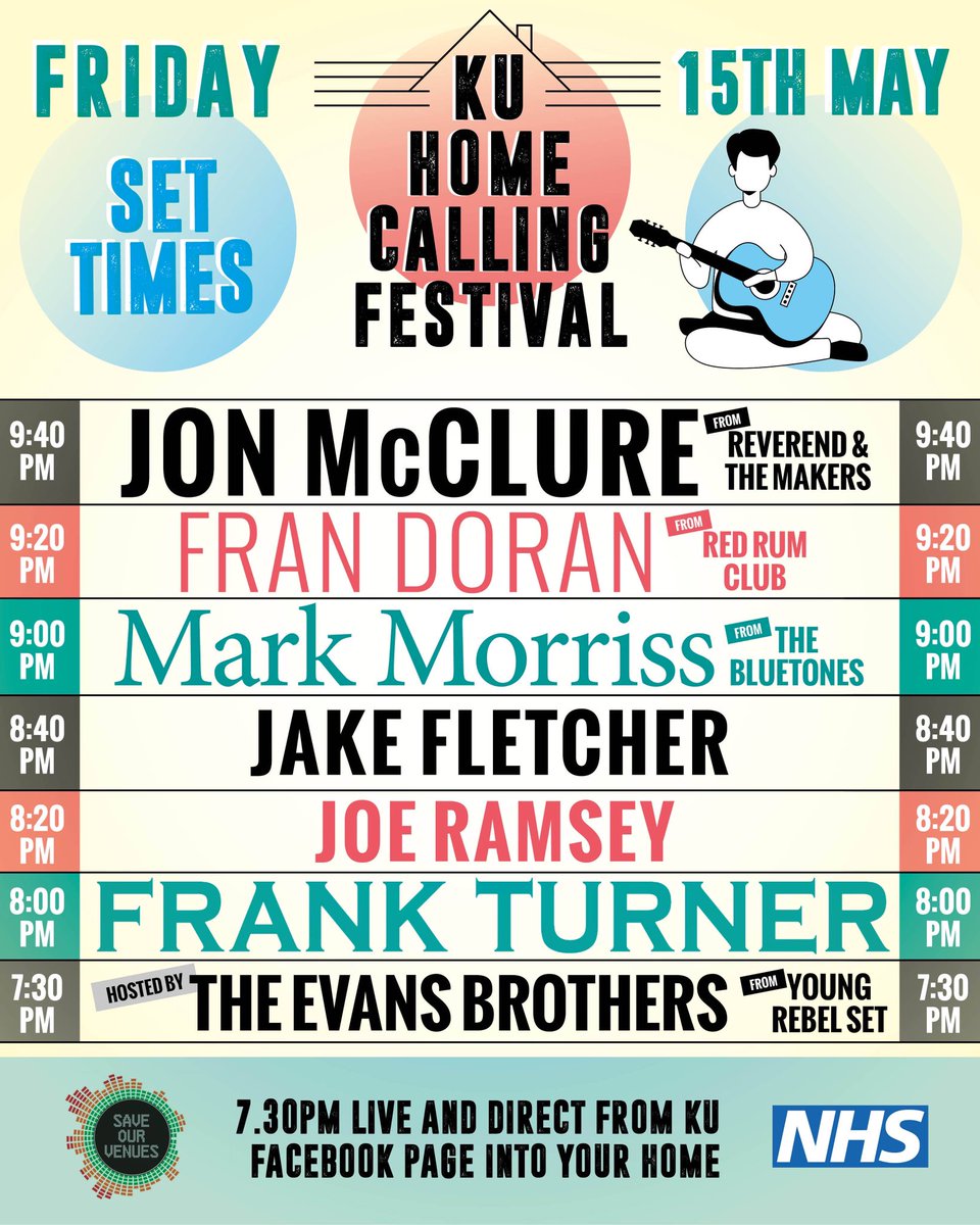 KU STOCKTON (@ku_stockton) on Twitter photo Here’s set times for Fridays live home calling show via KU Facebook page #saveourvenues #NHSheroes <a href="/musicvenuetrust/">Music Venue Trust</a> <a href="/Reverend_Makers/">Reverend&TheMakers</a> <a href="/frankturner/">Frank Turner</a> <a href="/RedRumClub/">Red Rum Club</a> <a href="/TheQuill/">Mark Morriss</a> <a href="/TheBluetones/">The Bluetones</a> <a href="/cobyfletch/">Jake Fletcher</a> <a href="/francisdoran/">Minokowar</a> <a href="/joeramseymusic/">Joe Ramsey</a> <a href="/youngrebelset/">Young Rebel Set</a> Here’s set times for Fridays live home calling show via KU Facebook page #saveourvenues #NHSheroes <a href="/musicvenuetrust/">Music Venue Trust</a> <a href="/Reverend_Makers/">Reverend&TheMakers</a> <a href="/frankturner/">Frank Turner</a> <a href="/RedRumClub/">Red Rum Club</a> <a href="/TheQuill/">Mark Morriss</a> <a href="/TheBluetones/">The Bluetones</a> <a href="/cobyfletch/">Jake Fletcher</a> <a href="/francisdoran/">Minokowar</a> <a href="/joeramseymusic/">Joe Ramsey</a> <a href="/youngrebelset/">Young Rebel Set</a>