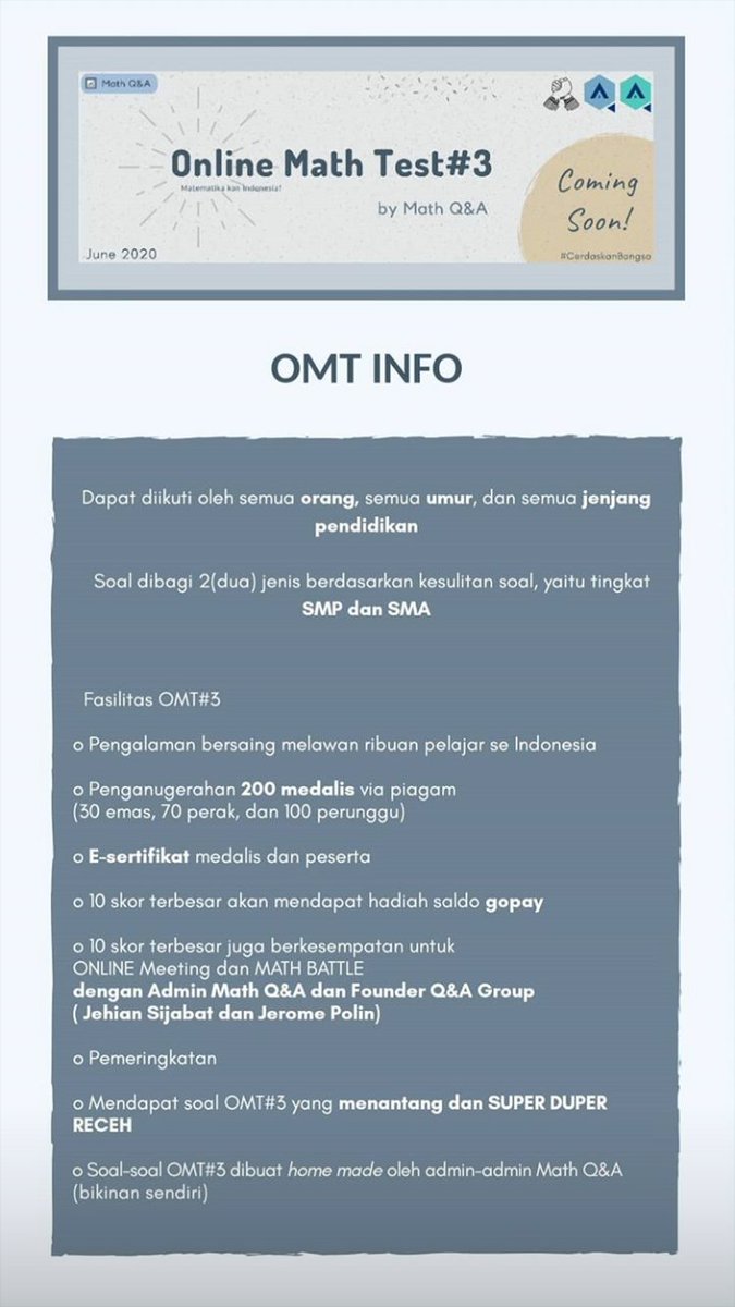 bahasaqna's tweet photo. [ PAS BANGET BUAT KAMU YANG SUKA MATH! ]

Online Math Test #3 [Coming Soon]

Haloo gaisss, yang ditunggu-tunggu lagi nih
Untuk OMT#3 ini kita bakal banyak banget yang menarik lho
__________________________
.
#OnlineMathTest_MathQnA
#MathQnA
#CerdaskanBangsa https://t.co/mi1TMj8Okg