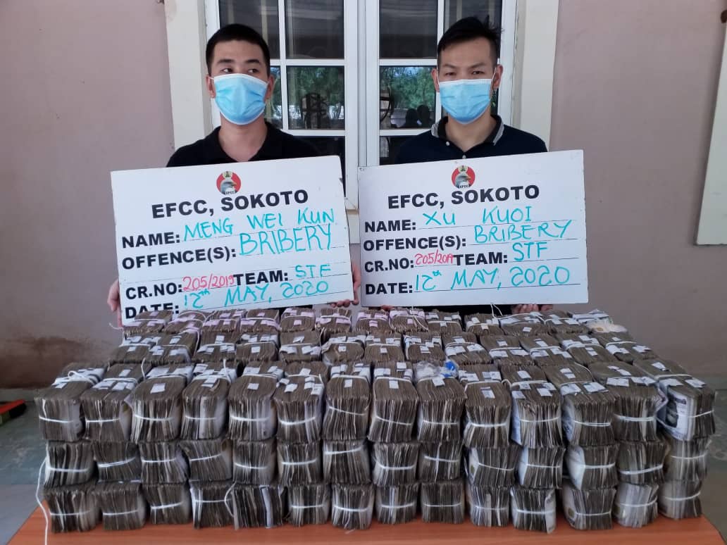 EFCC Arrests Two Chinese For Offering N100m Bribe To Its Top OfficerThe Sokoto Zonal Office of the EFCC, has arrested two Chinese: Mr. Meng Wei Kun and Mr. Xu Koi for offering a sum of N50,000,000 as bribe to its Zonal Head, Mr. Abdullahi Lawal.  1/