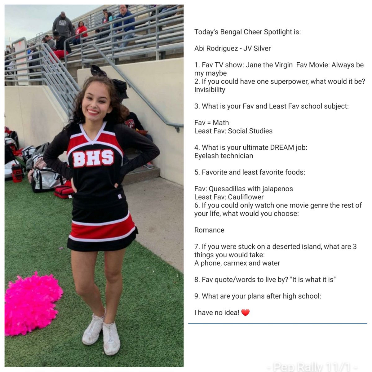 Today's Bengal Cheer Spotlight is:

Abi Rodriguez - JV Silver