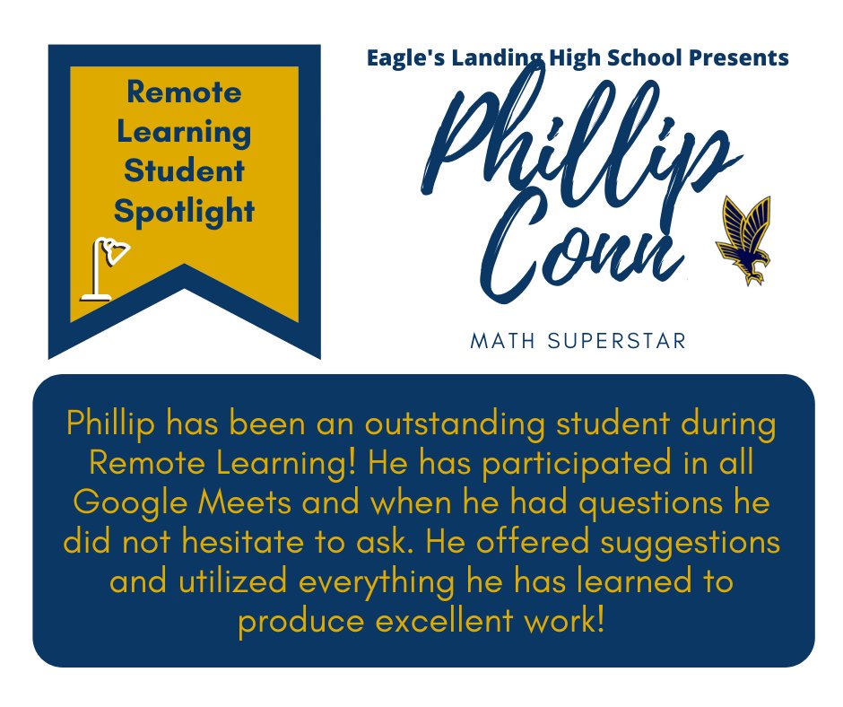 ELHS_HCS's tweet image. It&apos;s Remote Learning Student Spotlight Time! Ms. Stroud nominates Phillip Conn as a Math Superstar! Phillip has been outstanding during our digital learning time!! @DrKeshaJones1 @KindraTukes @drwilliams08 #ELHSRemoteLearningSpotlight #RemoteLearninginHenry  #studentsintherace