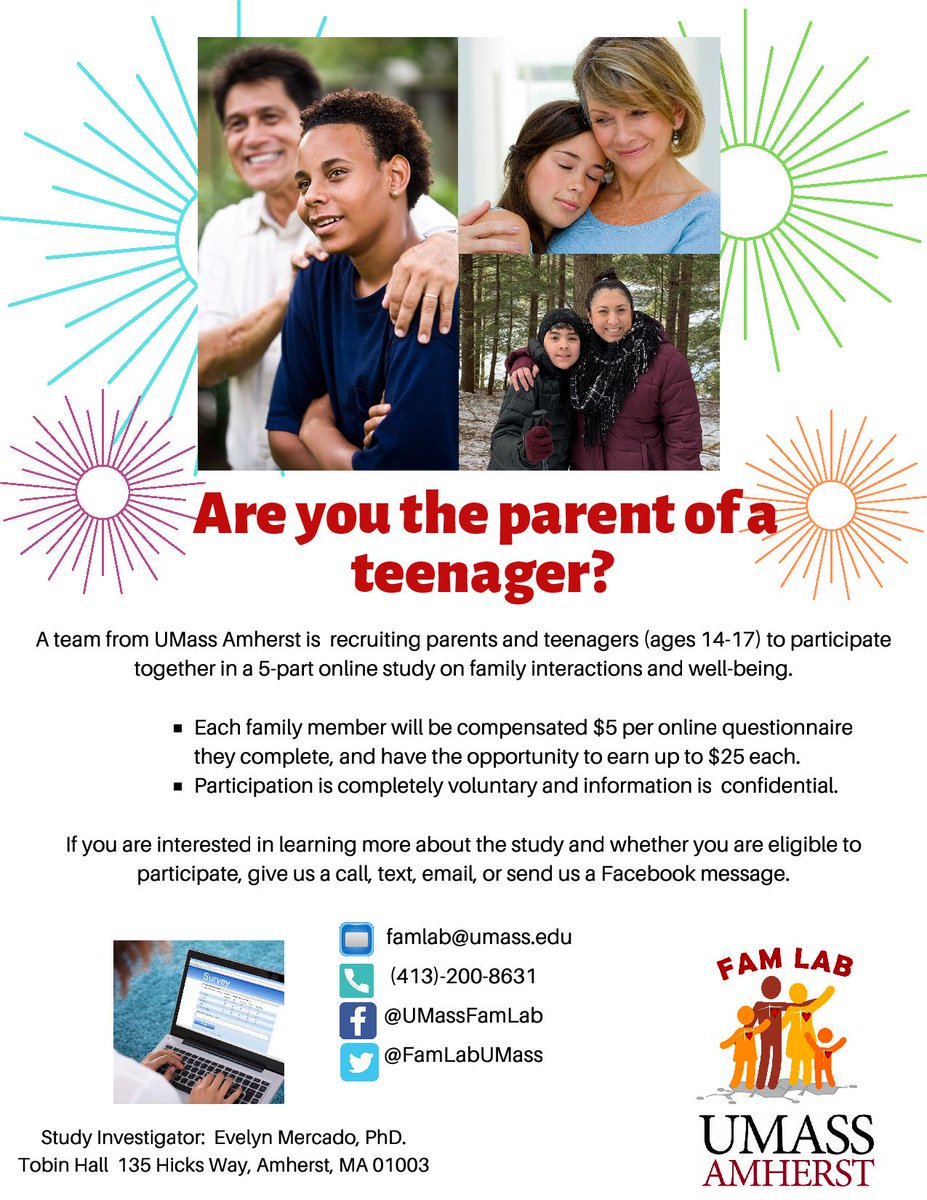 FamLabUmass's tweet photo. We are still actively recruiting parents and adolescents (aged 14-17) to partake in a paid online research opportunity exploring the impact of the #COVID19 pandemic on families. For more information, please email famlab@umass.edu. #family #research https://t.co/zd1BINOPjZ