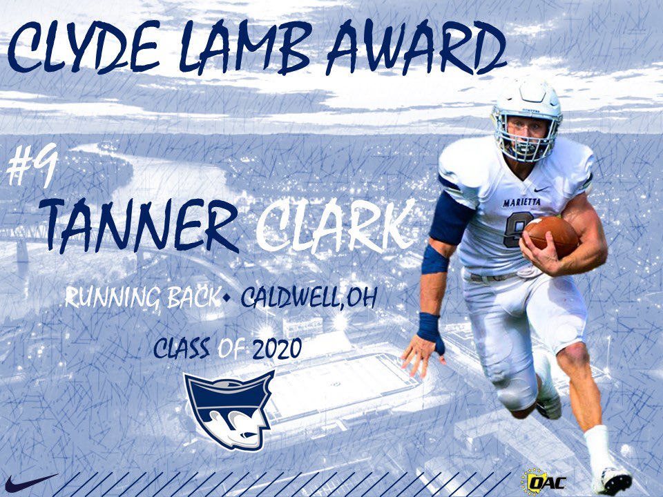 Marietta_FB's tweet photo. ‼️Congrats to @tanner9clark on being selected as Marietta’s Clyde Lamb Award winner. As a Marketing and Political Science major he maintained a 3.3 GPA throughout his 4 years at Marietta. The All-American finished his outstanding career with 2,874 yds rushing and 38 total TD’s‼️ https://t.co/0LUlTP9SuE