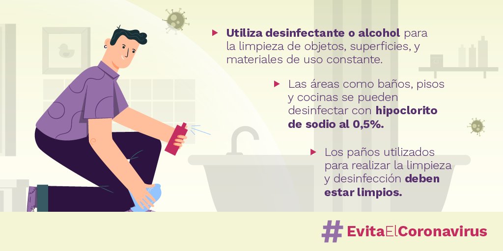 MinSaludCol's tweet photo. Si tienes síntomas respiratorios, fiebre o fuiste diagnosticado con COVID-19, sigue estas recomendaciones para desinfectar tu hogar y #EvitaElCoronavirus https://t.co/R75FTGr0iU