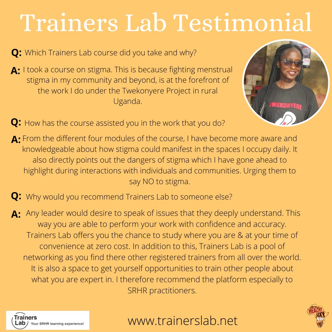 SexRightsAfrica's tweet photo. #TrainersLabTuesday
Meet @PatriciaKajumba our Menstrual Health champion who has used Trainers Lab to expand her knowledge and grow within the SRHR space.
Be like Patricia, register now and take a course it’s free! Visit: https://t.co/YnthP4lSbf 😃
#ExpectRespect https://t.co/p8rp5UkCHS
