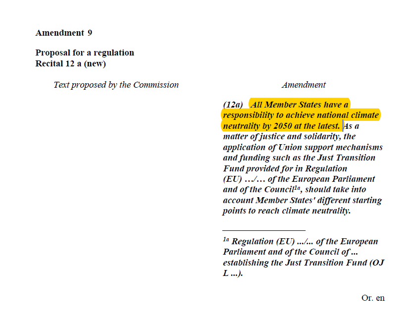 Fourthly, the draft includes interesting language on differentiation between Member States: All MS have to reach "national climate neutrality by 2050 at the latest". Also relevant: MS are required to reach climate neutrality "within its territory" --> no CDM-style offsets [4/n]
