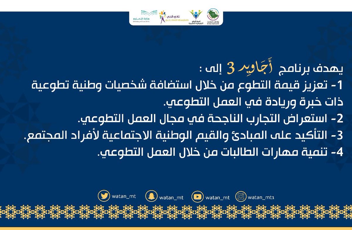 نادي الحي بالمتوسطة الثامنة بالجبيل #تعليم_الشرقية متمثلا في فريقه التطوعي (وطن متحد) وبقيادة فوزية الطوالة يقدم برنامج أجاويد٣ ويستضيف خلال شهر رمضان قيادات #العمل_التطوعي 
#كلنا_مسؤول 
#ابقوا_في_منازلكم 
<a href="/moe_gov_sa/">وزارة التعليم</a> 
@Media_M_E