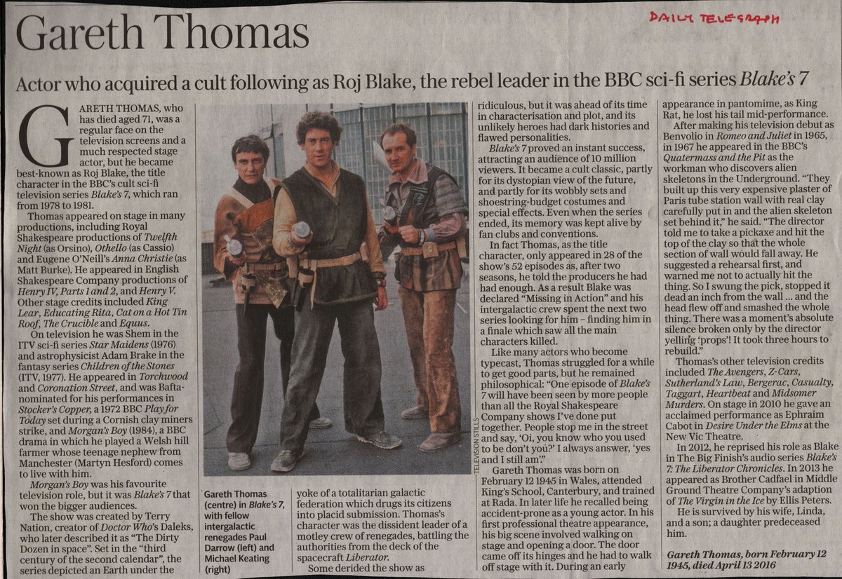 Ranaroth2's tweet photo. Gareth Thomas's obituary scanned from Daily Telegraph and Guardian. @blakes_7 @B7tweets @HorizonBlakes7 @blakes7bot #Blakes7 #GarethThomas #RojBlake https://t.co/cRCyjR4M8L